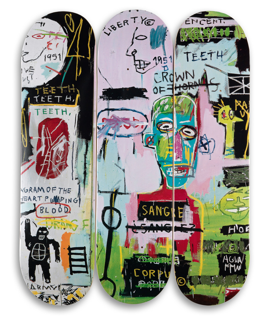 JEAN-MICHEL BASQUIAT (after) Skateboard Triptych: In Italian  Color screenprint on 3 Canadian maple wood skate decks, 2014